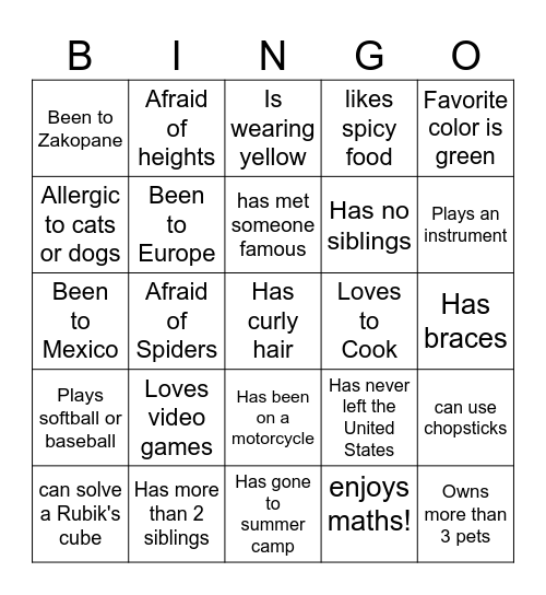 Meet and Greet Bingo Card