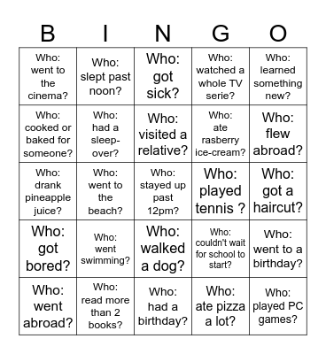 Back-to-School Bingo - What did you do over the holiday? Bingo Card