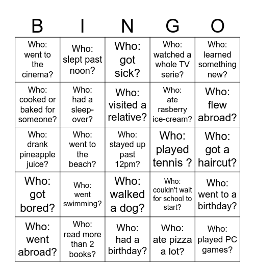 Back-to-School Bingo - What did you do over the holiday? Bingo Card