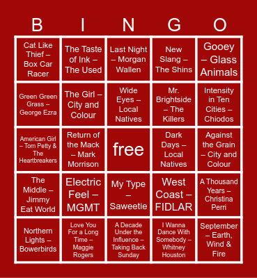 Purvis Wedding Playlist Bingo Card