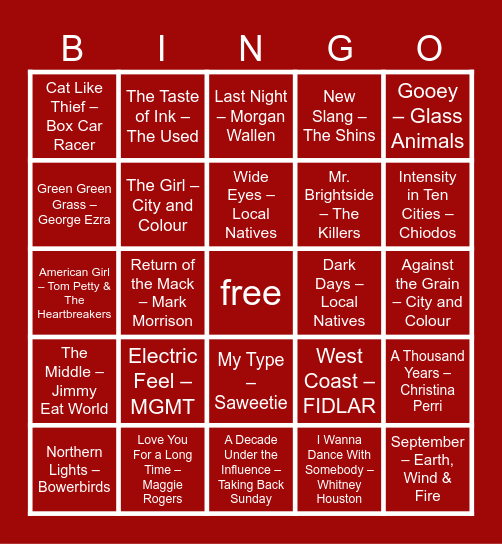 Purvis Wedding Playlist Bingo Card