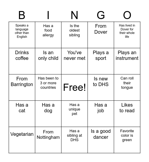 Classmate Bingo Card