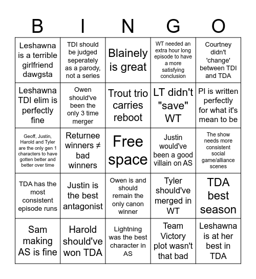 Total Drama Bingo Card