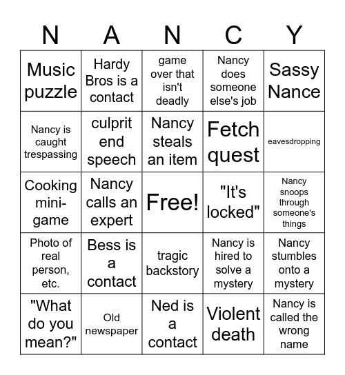 Nancy Drew Game Bingo Card