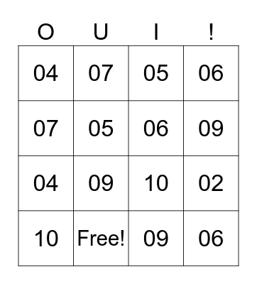 French Numbers 0-10 Bingo Card