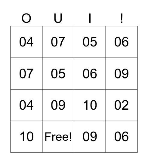 French Numbers 0-10 Bingo Card