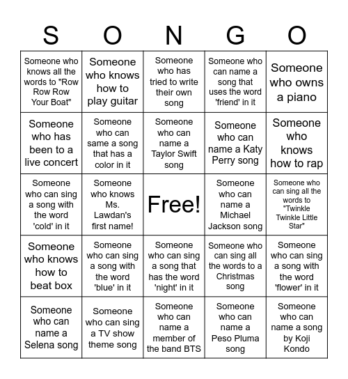 SONGO Bingo Card