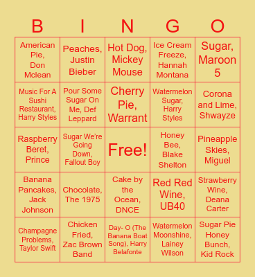 Food Songs Bingo Card
