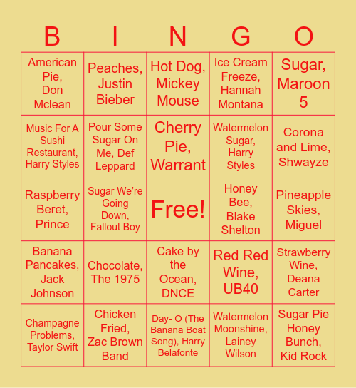 Food Songs Bingo Card