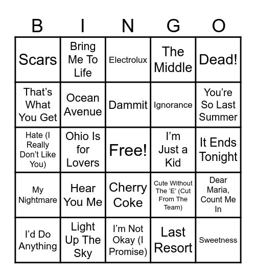 90s/00s Emo 1 Bingo Card
