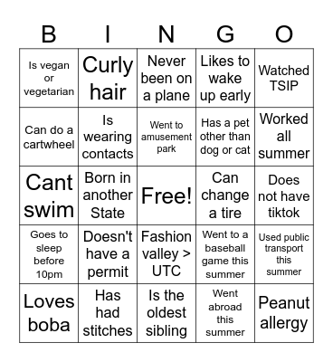 Back to School Bingo Card