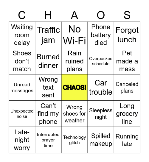 Chaos to Calmness Bingo Card