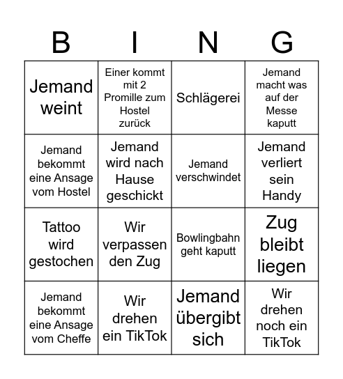 Azubifahrt Bingo Card