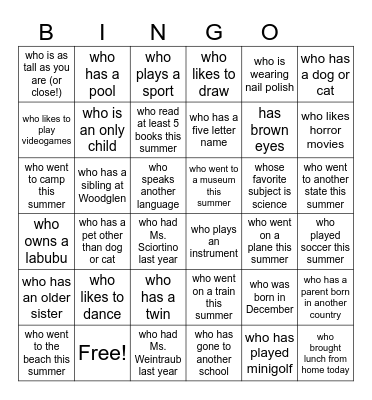 Back to School Bingo Card