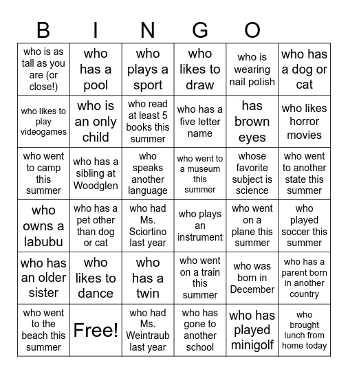 Back to School Bingo Card