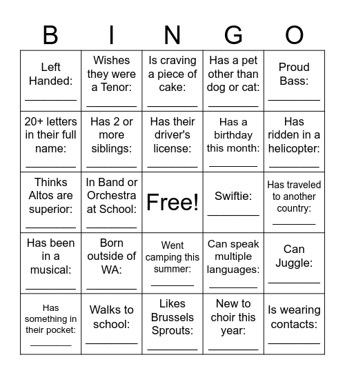 Name: ________ Bingo Card