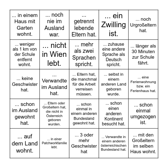 BINGO! Finde jemanden aus der Klasse, der ... Bingo Card
