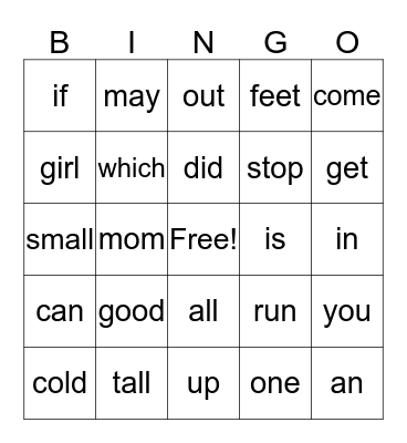 Vocabulary Words Bingo Card