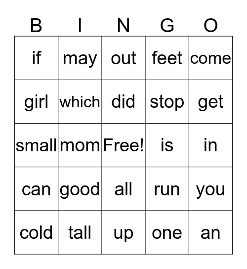 Vocabulary Words Bingo Card