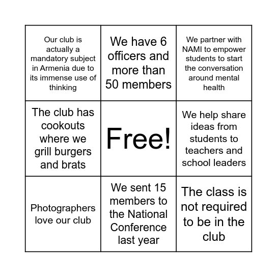 Student Organizations #3 Bingo Card