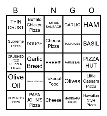 Jennifer's Pizza Pizza Bingo Card