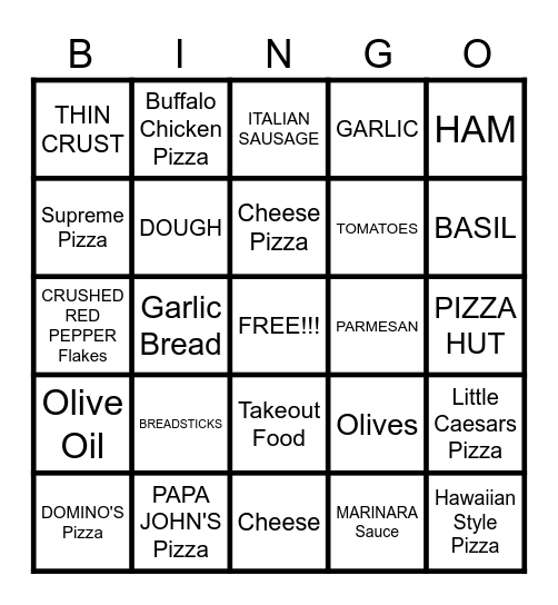 Jennifer's Pizza Pizza Bingo Card