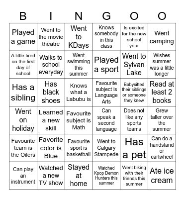 Classroom Bingo Card
