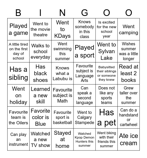 Classroom Bingo Card