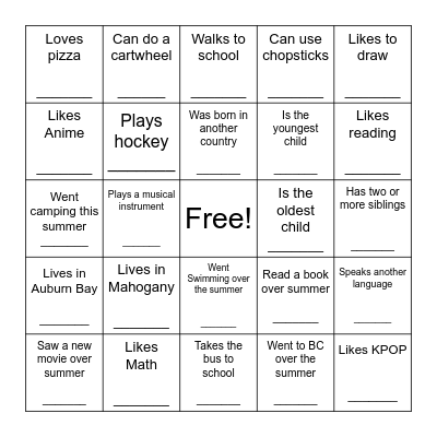 First Day of School Bingo Card