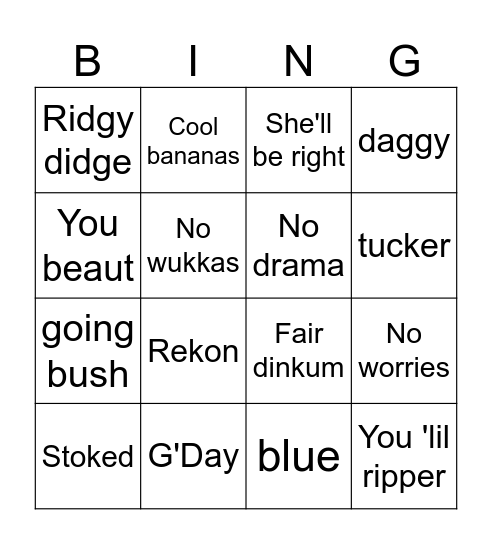 Australian Slang Bingo Card