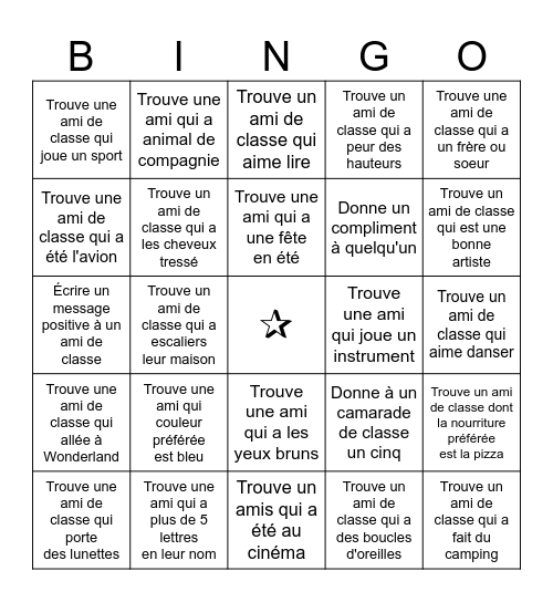 Bingo de L'amitié Bingo Card