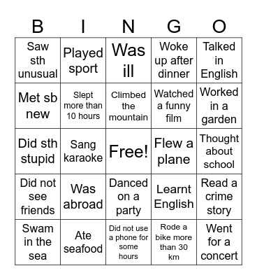 „Holiday” Find sb who Bingo Card