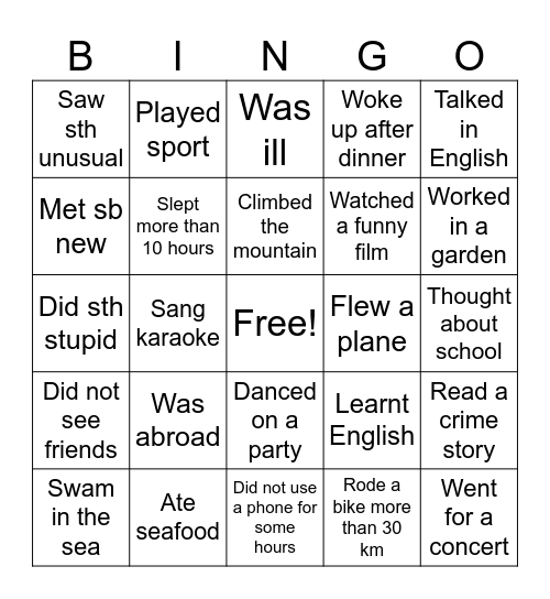 „Holiday” Find sb who Bingo Card
