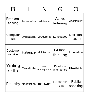 Job Skills Bingo Card