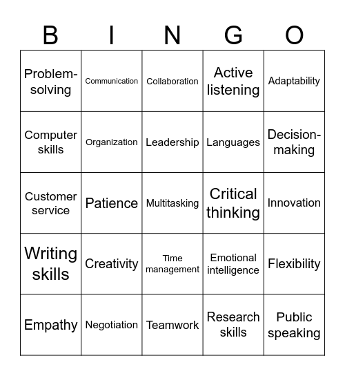 Job Skills Bingo Card