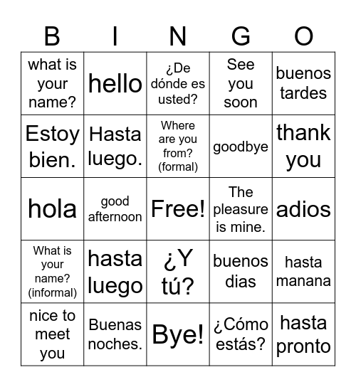 Spanish Greetings Bingo Card