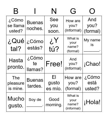 Spanish Greetings Bingo Card