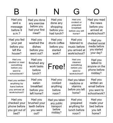 Had you done X before Y? Bingo Card