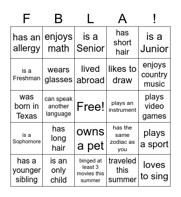 FBLA Icebreaker! (Find someone who...) Bingo Card