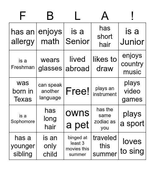 FBLA Icebreaker! (Find someone who...) Bingo Card