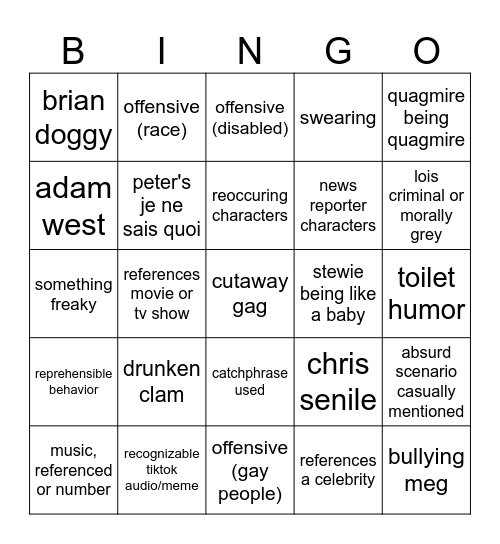 family guy bingo Card