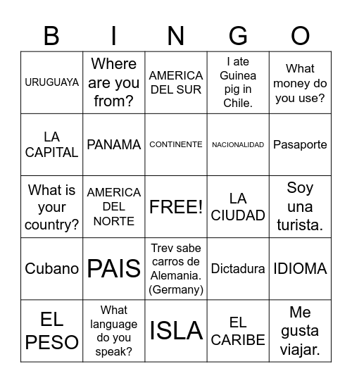 COUNTRIES Bingo Card