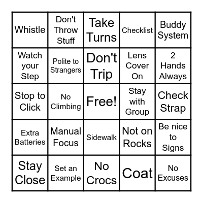 Photography Rules Bingo Card