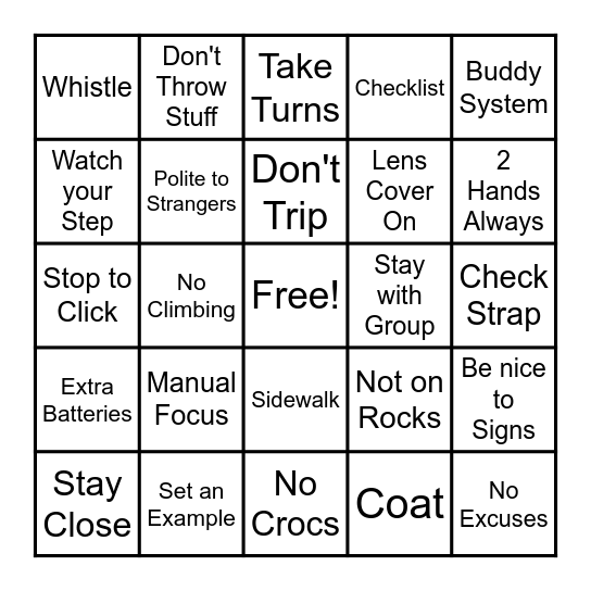 Photography Rules Bingo Card