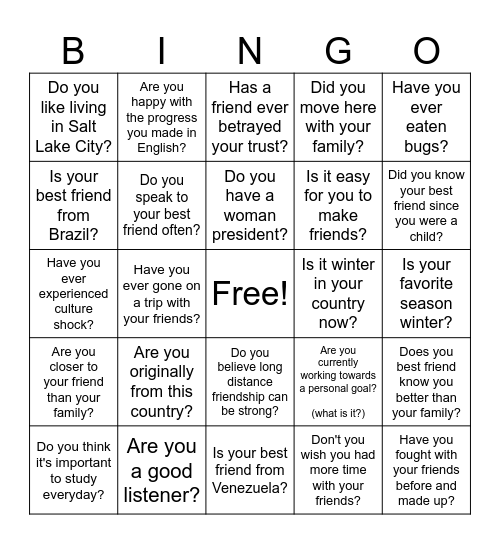 Yes/No questions Bingo Card