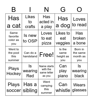 Get to know your OSP Buddies Bingo. Bingo Card