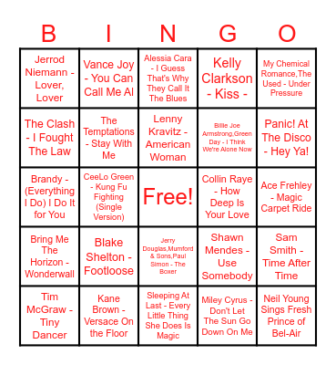 Cover Songs Bingo Card