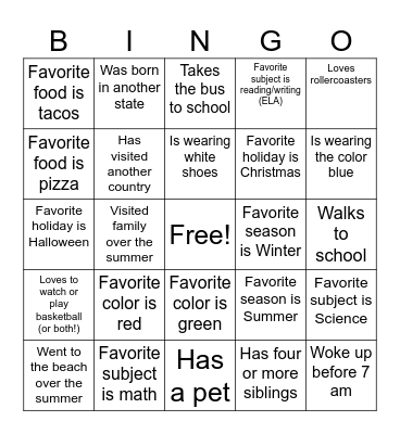 Classmate BINGO Card