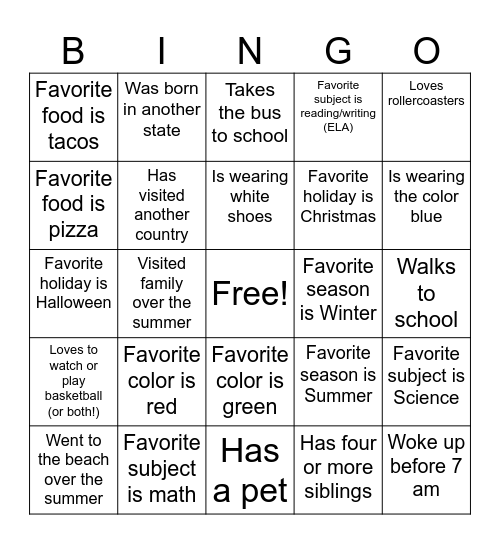 Classmate BINGO Card