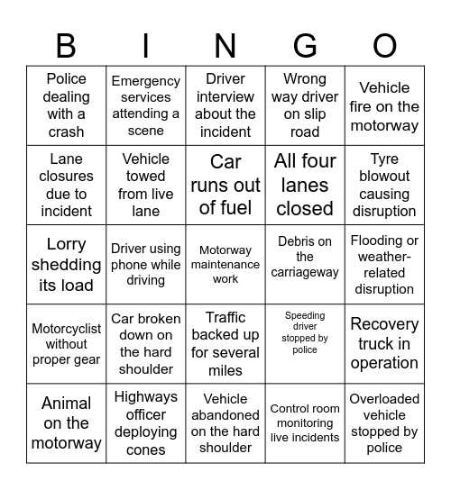 Britain’s Busiest Motorway Bingo Card